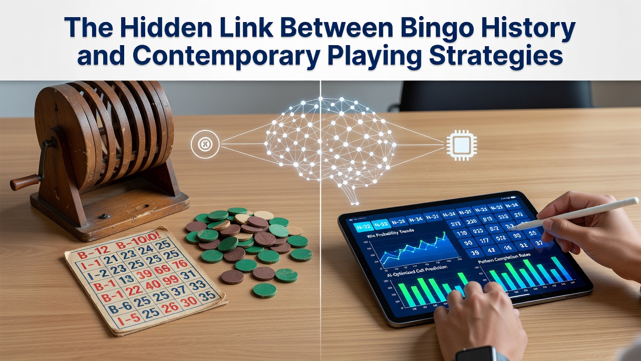 Side-by-side comparison of vintage bingo equipment and current mobile app interfaces with highlighted strategic number groupings